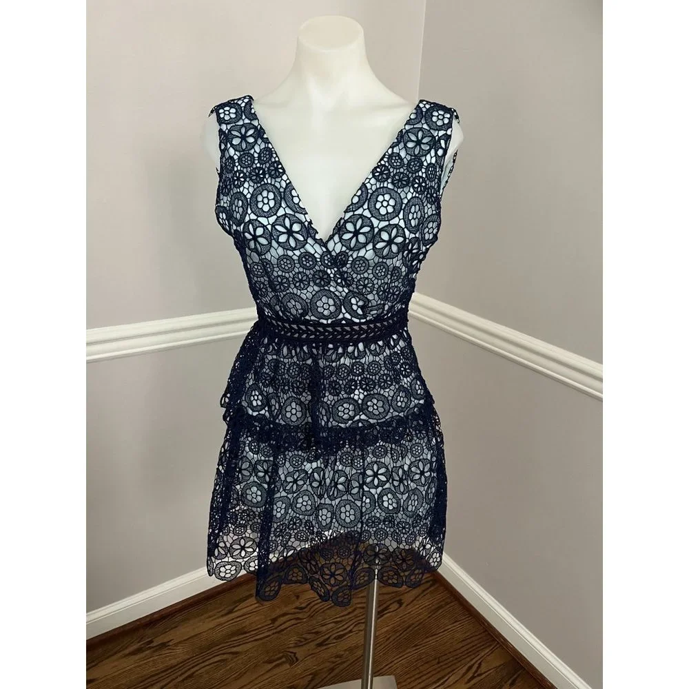 SELF-PORTRAIT Guipure Lace V Neck Fit Flare Sleeveless Mini Dress Blue Size 2 - Picture 2 of 5